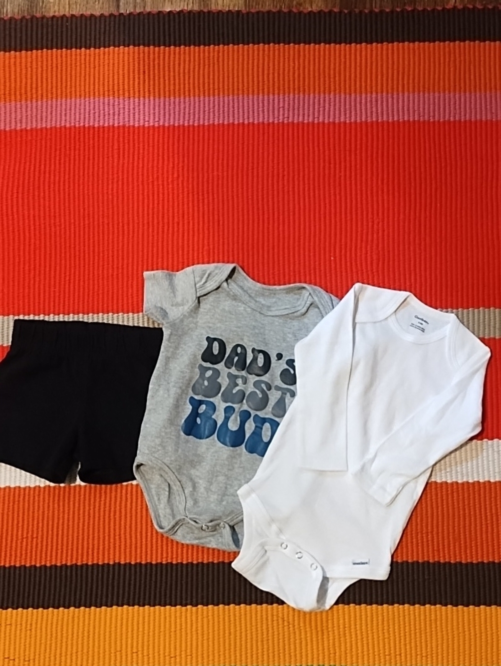 Baby Bodysuit Trio - Grey 'Dad's Best Bud' + White Long Sleeve + Black Shorts.